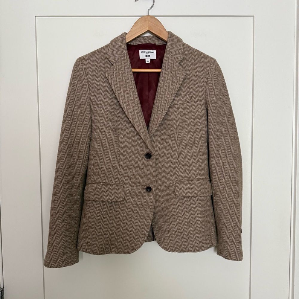 Uniqlo Ines De La Fressange Tweed Jacket Blazer Womens Sz XS Brown Wool Blend